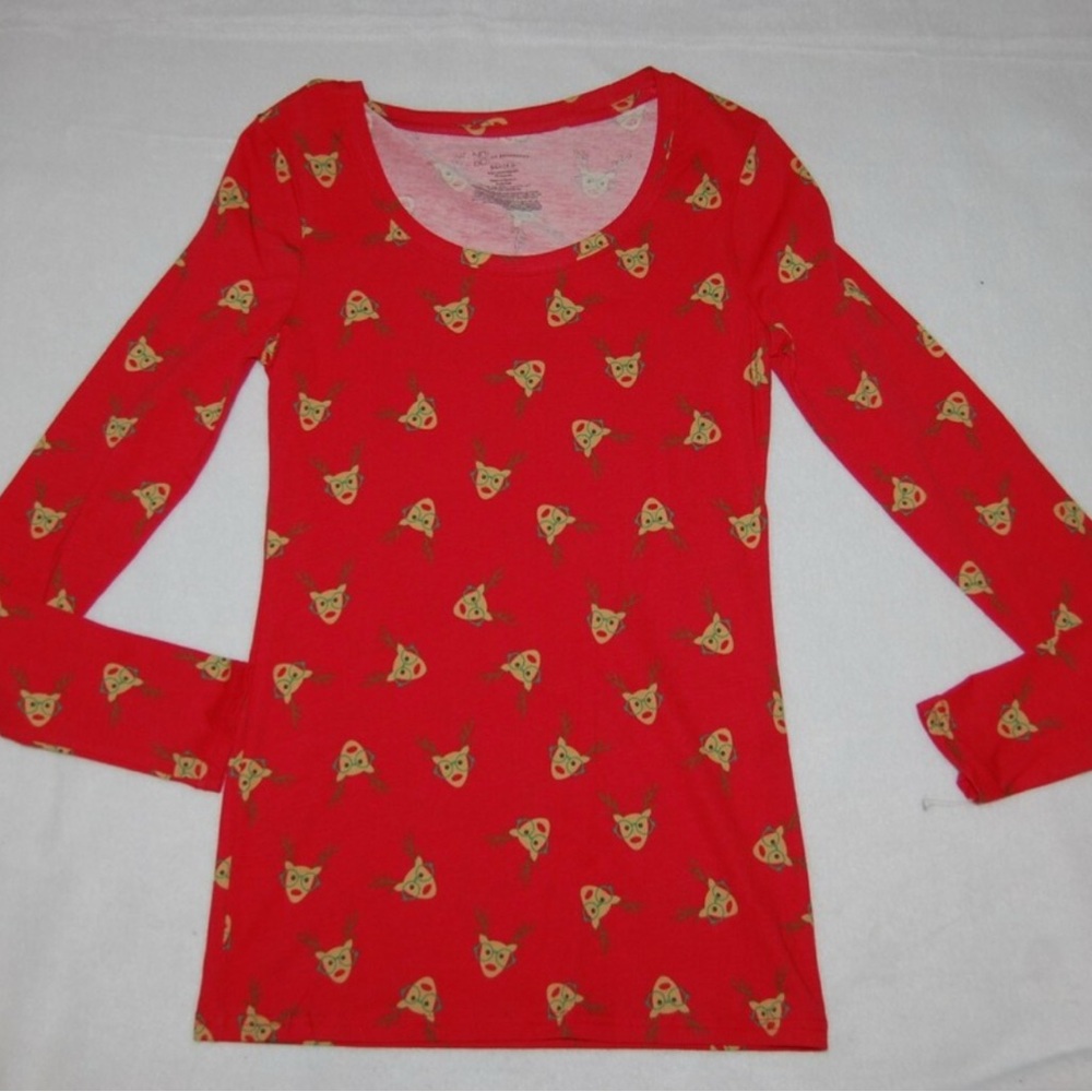 No Boundaries Red Long Sleeve Tee with Reindeer Wearing Glasses Print